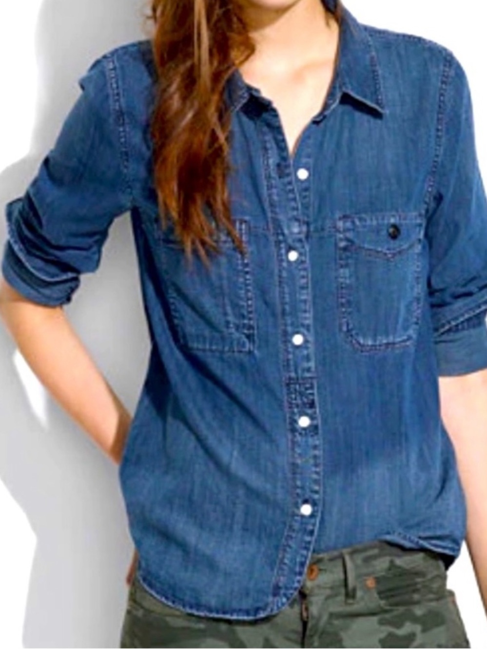 MADEWELL DENIM BUTTON UP LONG SLEEVE SHIRT 100% COTTON DISTRESSED SZ SM